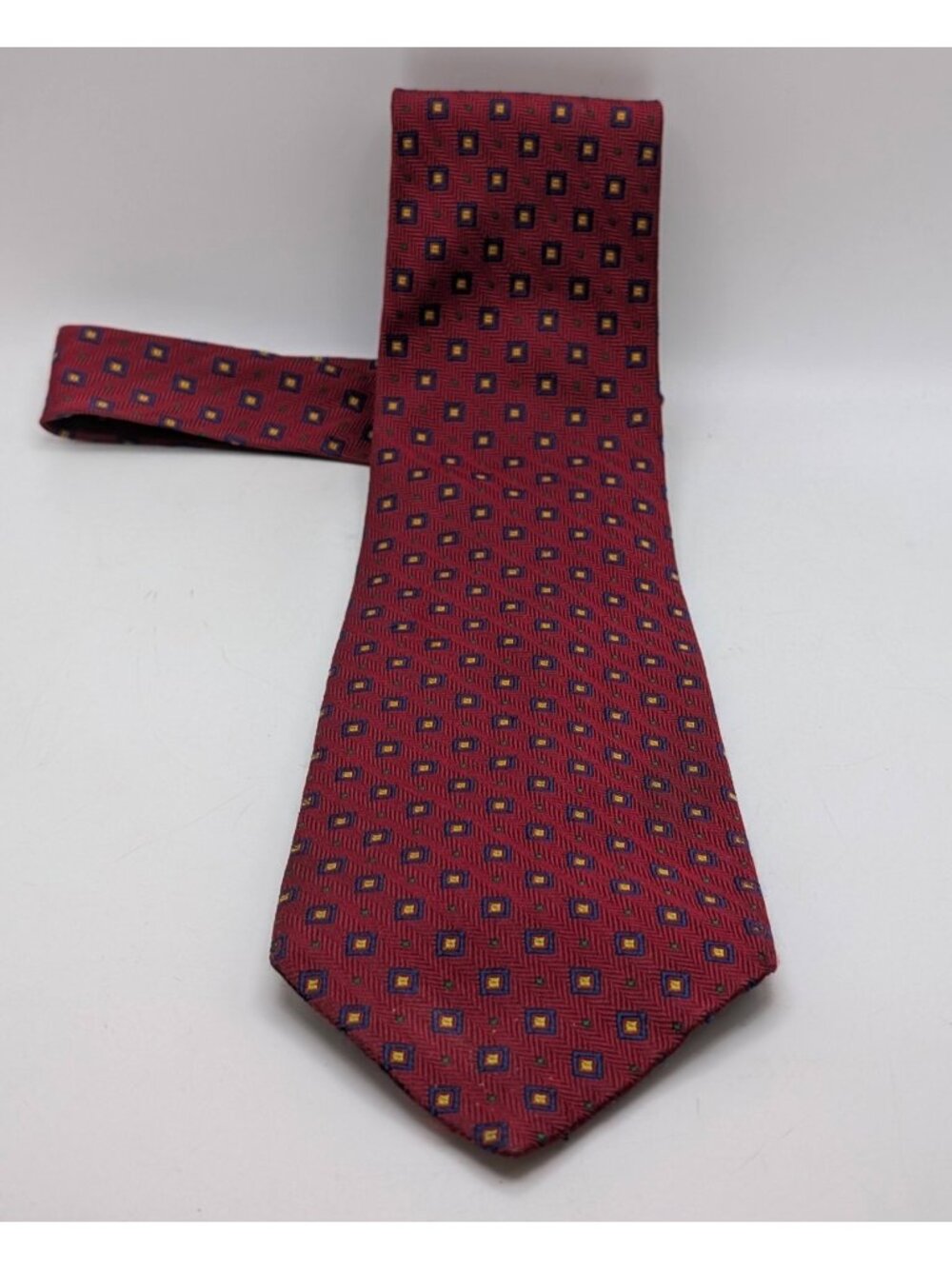 Ralph Lauren Men’s 100% Silk Neck Tie USA Made Burgundy Blue Geometric Vintage